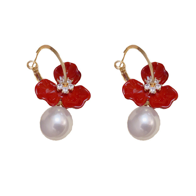 14K Gold-Plated Red Flower Pearl Earrings - Vintage Statement Design