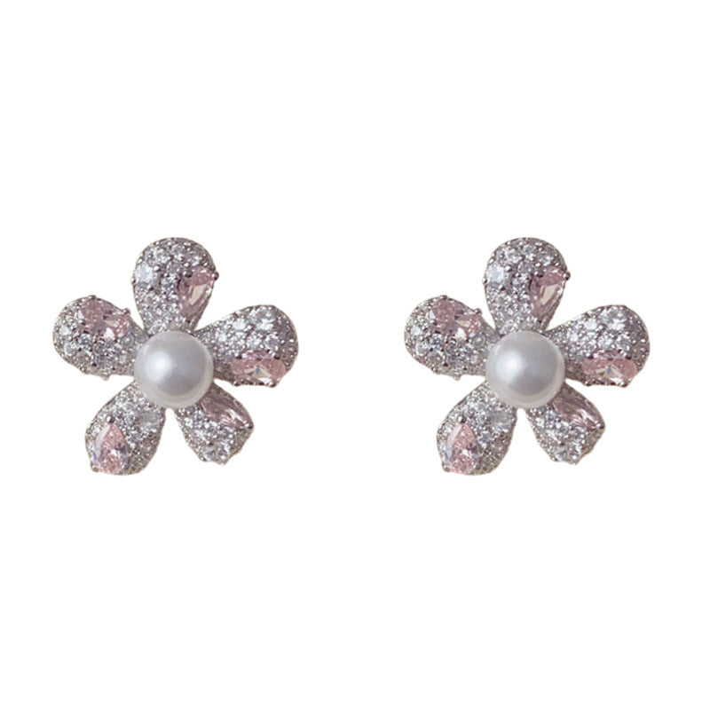 Elegant Full-Zircon Petal Stud Earrings – French Retro Design