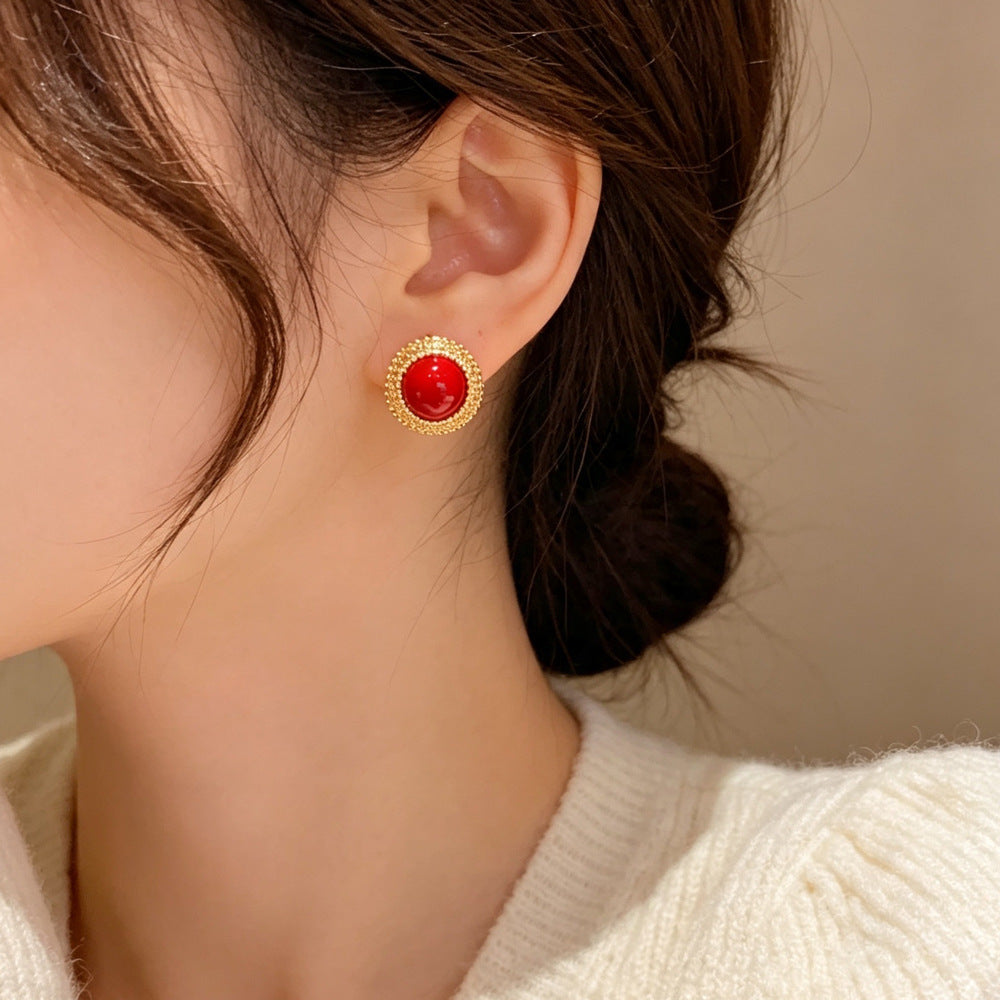 Eaioncol Vintage Red Pearl Stud Earrings Gold