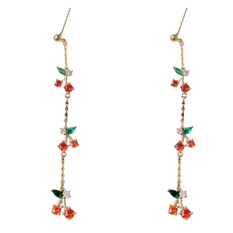 Elegant Zircon Little Cherry Long Tassel Drop Earrings – Fruit Design
