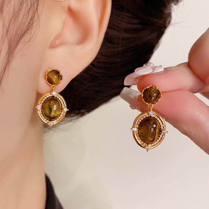 14K Gold-Plated Tiger's Eye Oval Earrings - Minimalist Luxury Design