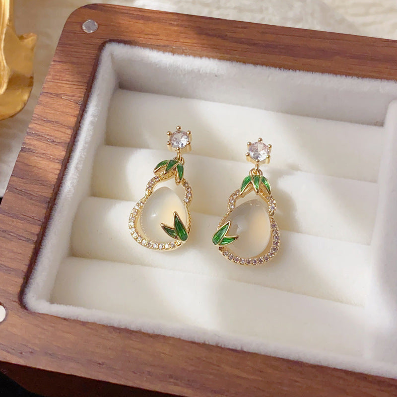 Luxury Zircon Imitation Jade Gourd Stud Earrings – Elegant Design