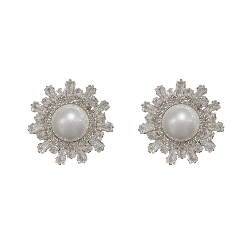 14K Gold-Plated Diamond Pearl Sunflower Stud Earrings-Bold&Chic Design