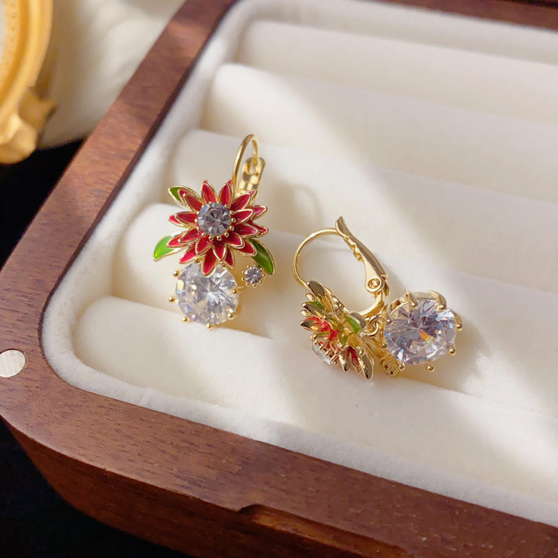 Elegant Red Daisy Zircon Ear Cuff Earrings – Floral Design