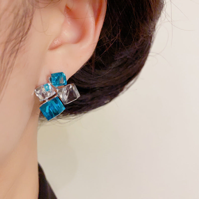 S925 Luxury Sea Salt Blue Crystal Cube Earrings – Elegant Design