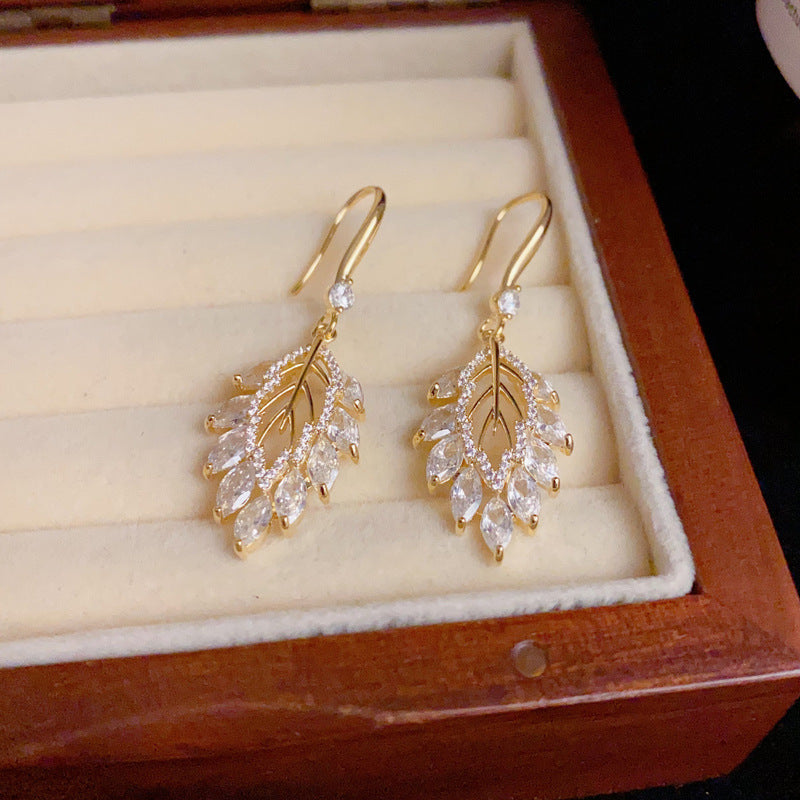 14K Gold-Plated Autumn Leaf Zircon Hook Earrings– Delicate & Sparkling