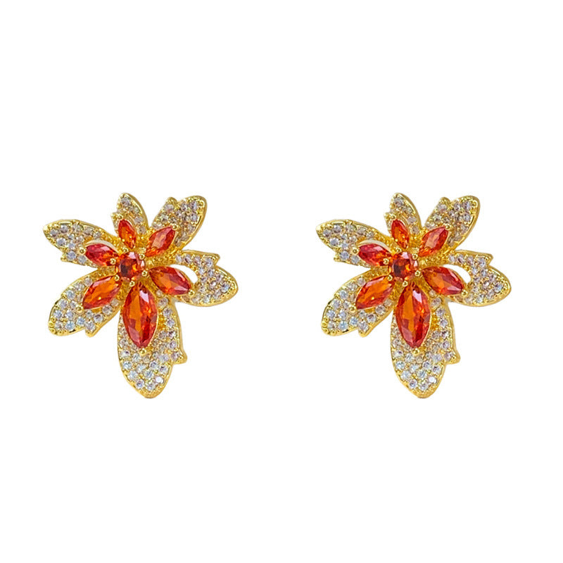 Luxury Micro-Inlaid Zircon Maple Leaf Stud Earrings – Floral Design