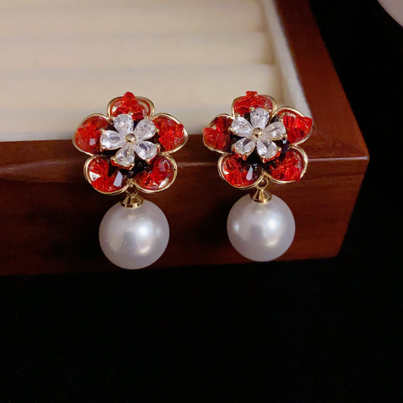 14K Gold-Plated Crystal Red Flower Pearl Earrings-Elegant&Handcrafted