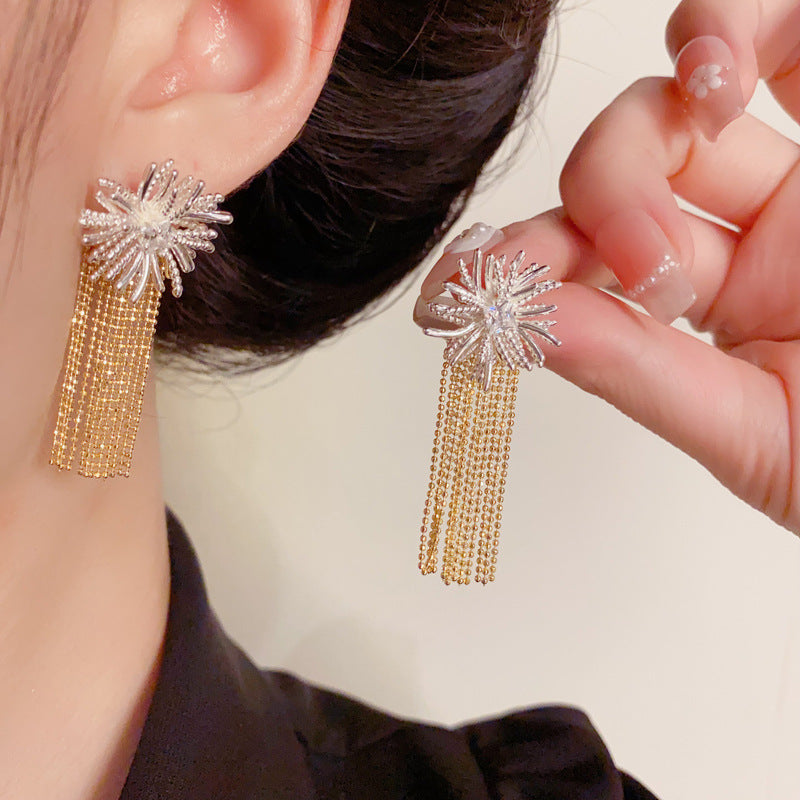 Elegant Metal Firework Dual-Wear Tassel Drop Earrings – Floral Design