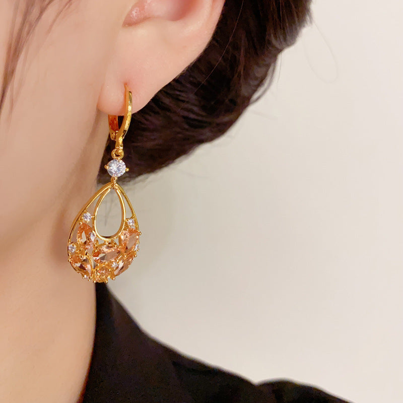 14K Gold-Plated Full Diamond Waterdrop Earrings - Elegant Drop Design