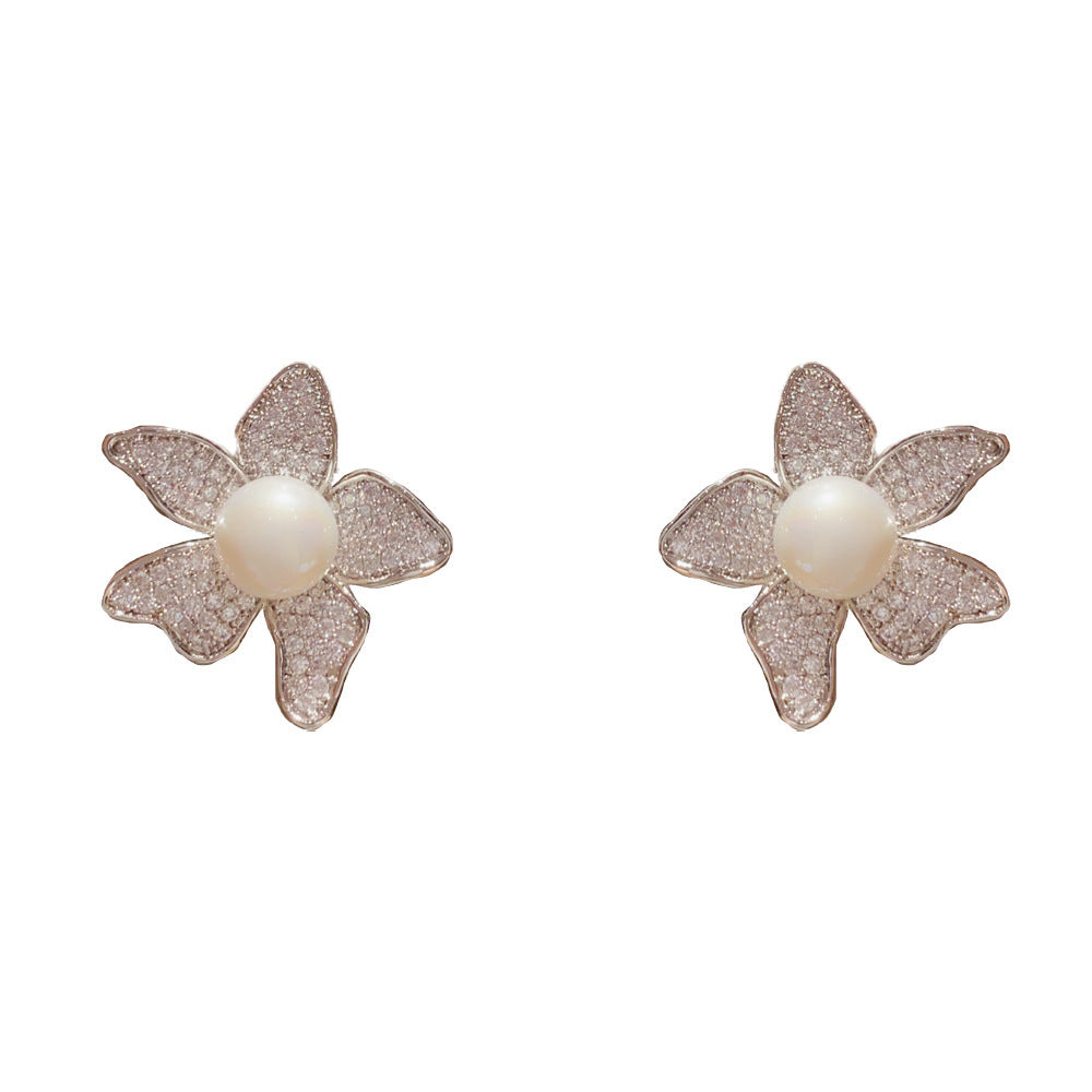 Eaioncol 3D Pearl Floral CZ Stud Earrings Gold