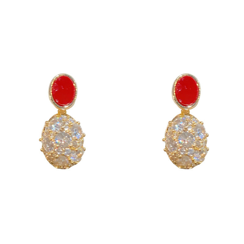 14K Gold-Plated Red Full Zircon Oval Drop Earrings - Elegant Sparkle