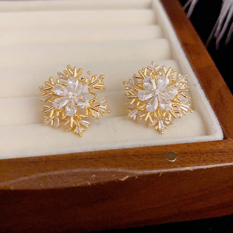 14K Gold-Plated Rotating Zircon Snowflake Stud Earrings-Winter Jewelry