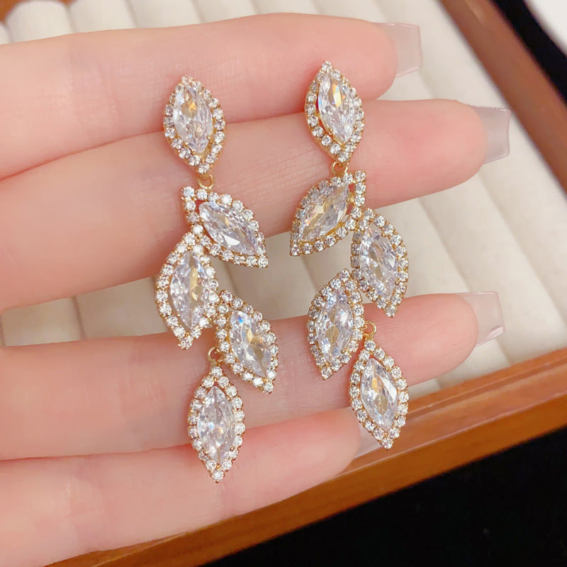 Eaioncol Full CZ Leaf Tassel Drop Earrings Gold Silver