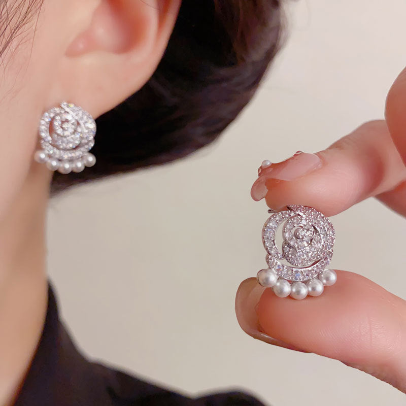 Elegant Zircon Camellia Pearl Stud Earrings – Floral Design
