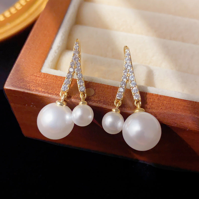 Elegant Zircon Dual Pearl Drop Earrings – Gold-Plated or Silver-Plated