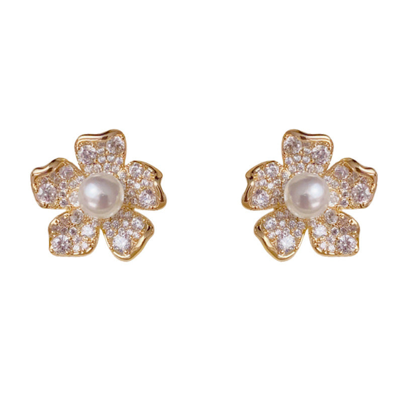 Luxury Zircon & Pearl Flower Stud Earrings – Floral Elegant Design