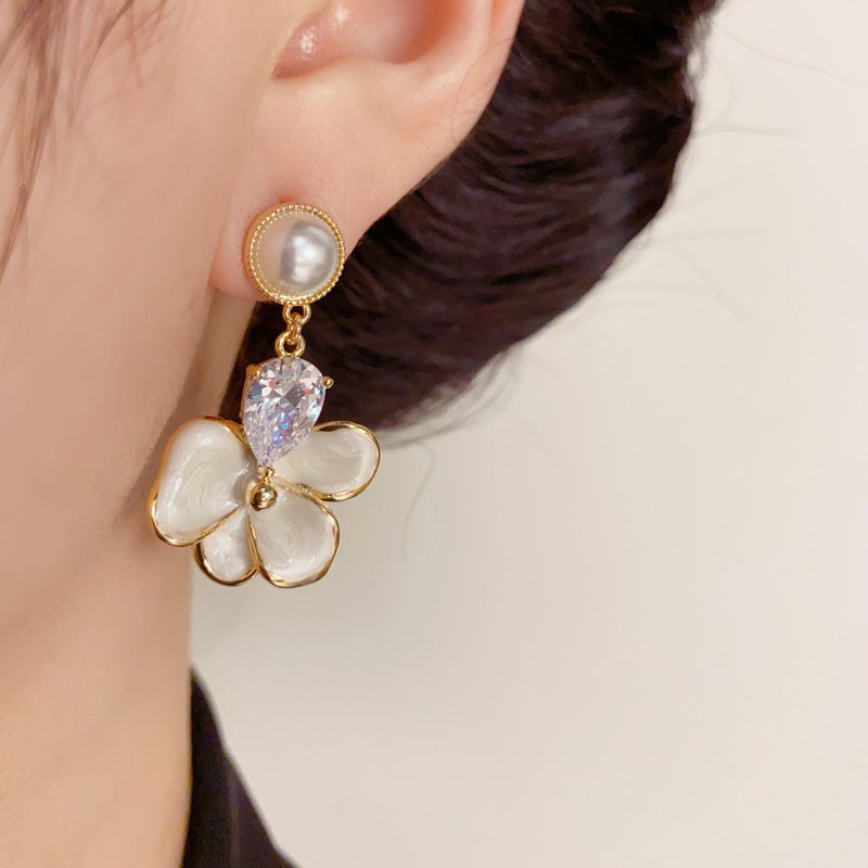 14K Gold-Plated White Drop Oil Petal Tassel Earrings -Floral Design