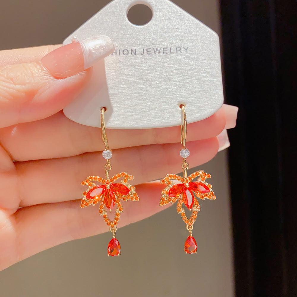 Eaioncol Maple Leaf CZ Tassel Ear Hooks Red Gold
