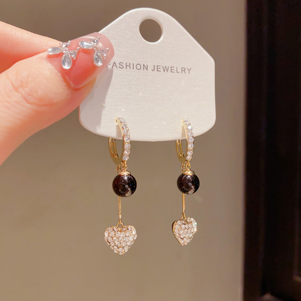 Eaioncol Black Ball Heart CZ Tassel Hoop Earrings 14K Gold Plated