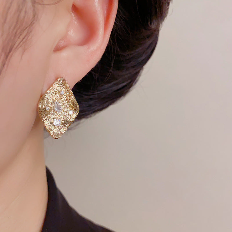 Gold Rhombus Earrings – Geometric Zircon Studs for Women