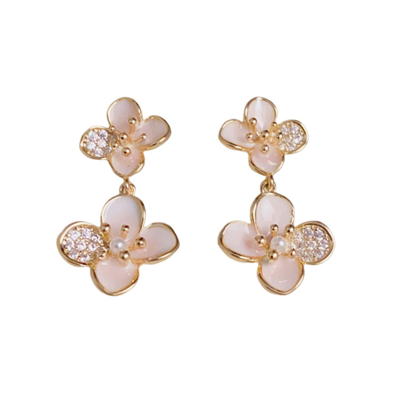 14K Gold-Plated Pink Flower Drop Earrings – Elegant Korean Style