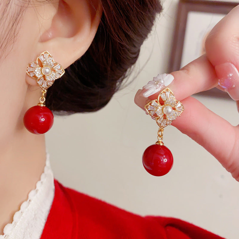 Elegant Zircon 4-Leaf Flower Red Pearl Drop Earrings – Floral Design