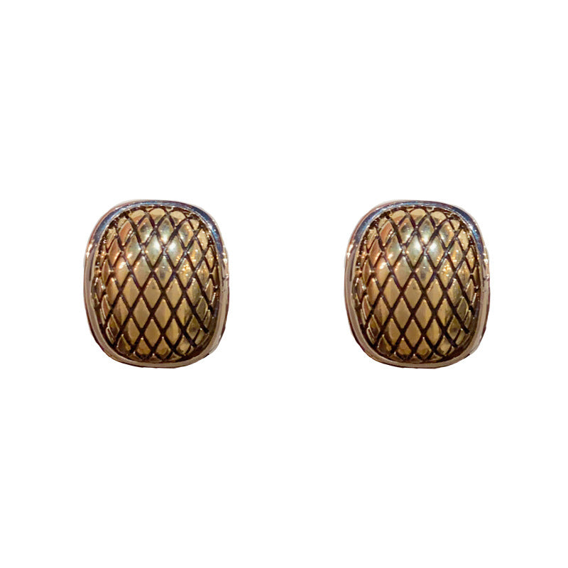 14K Gold-Plated Metal Geometric Grid Stud Earrings - Minimalist Design