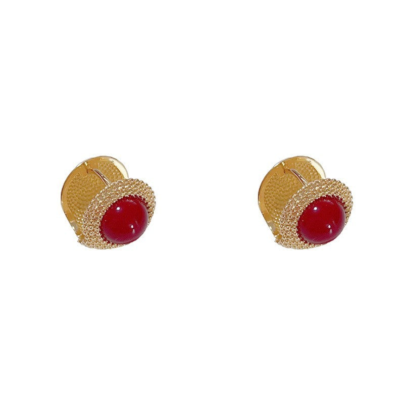 Eaioncol Vintage Red Pearl Stud Earrings Gold