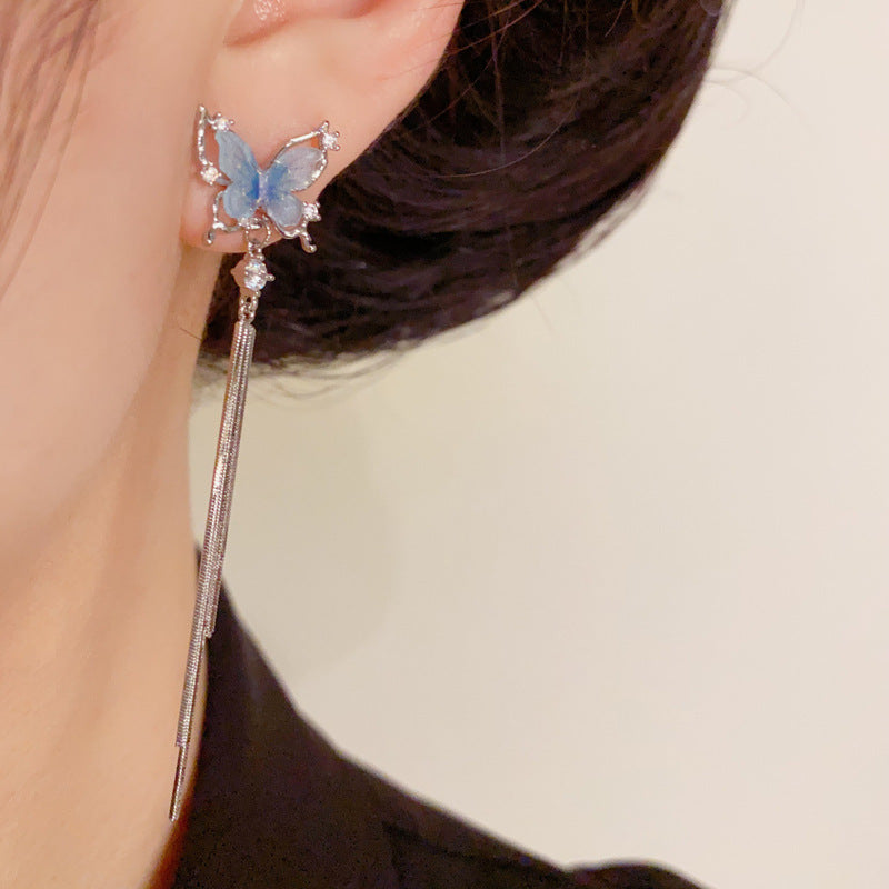 14K Gold Minimalist Blue Butterfly Tassel Drop Earrings – Long Design