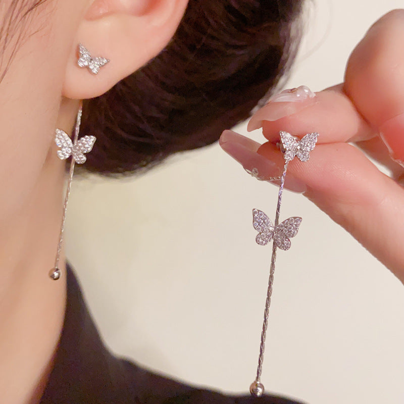 Luxury Butterfly Front-Back Tassel Drop Earrings – S925 Silver Needle