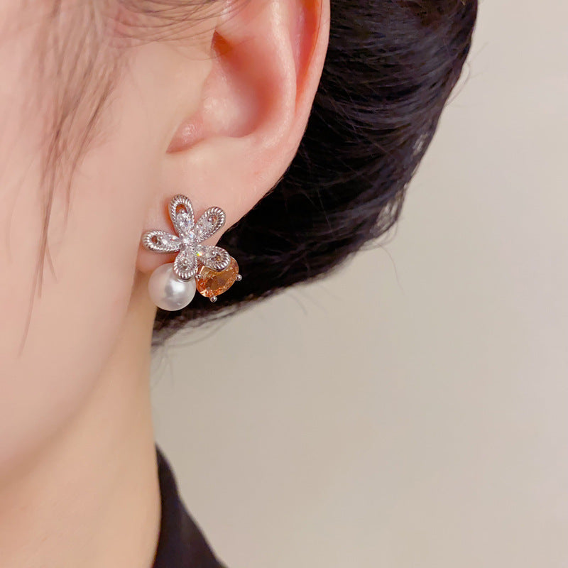 Elegant Zircon Petal Pearl Stud Earrings – French Minimalist Design