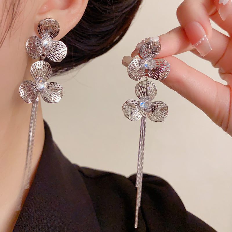 Elegant Hollow Metal Petal Long Tassel Drop Earrings – Floral Design