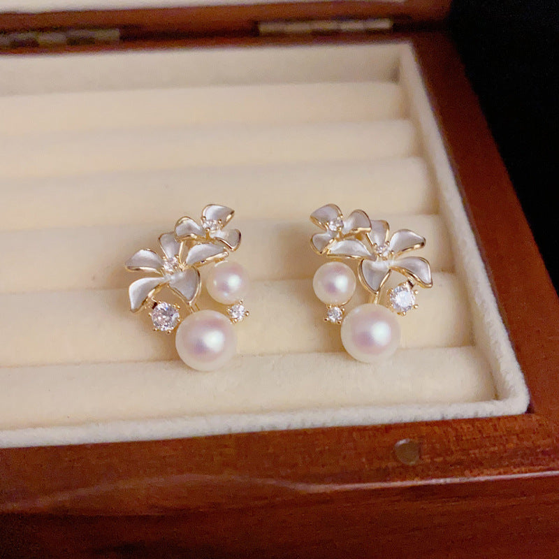 14K Gold-Plated Diamond Inlay Flower Pearl Stud Earrings - Elegant Design