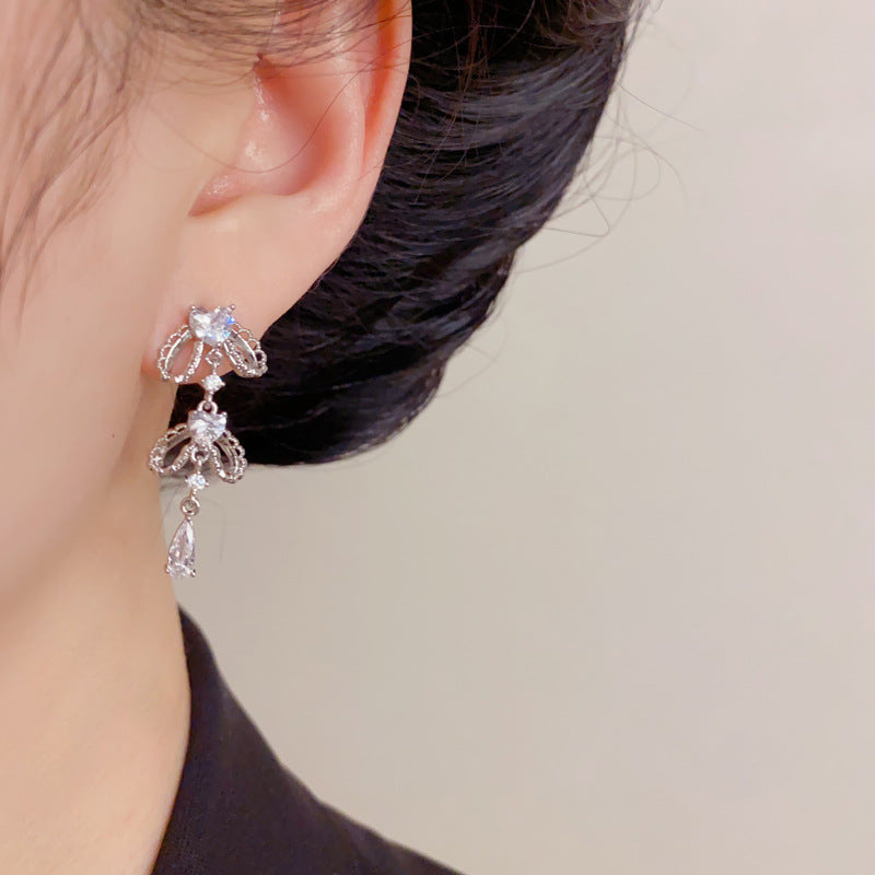 Eaioncol Bow Heart CZ Tassel Drop Earrings Gold Silver