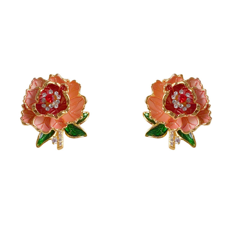 Elegant Zircon Color-Block Petal Stud Earrings – Retro Floral Design