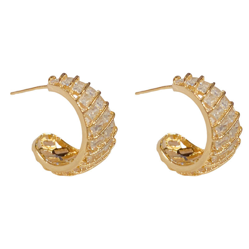 Gold C-Shape Zircon Hoop Earrings – 925 Silver Post for Sensitive Ears