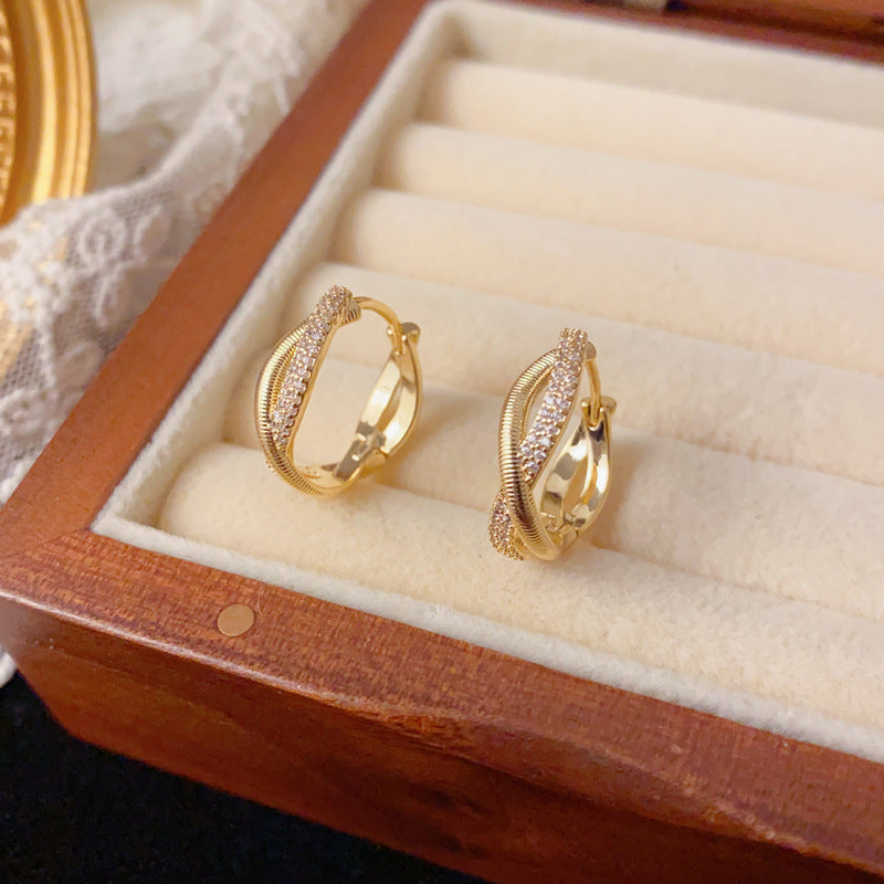 Elegant Zircon Cross Metal Hoop Earrings – Geometric Design