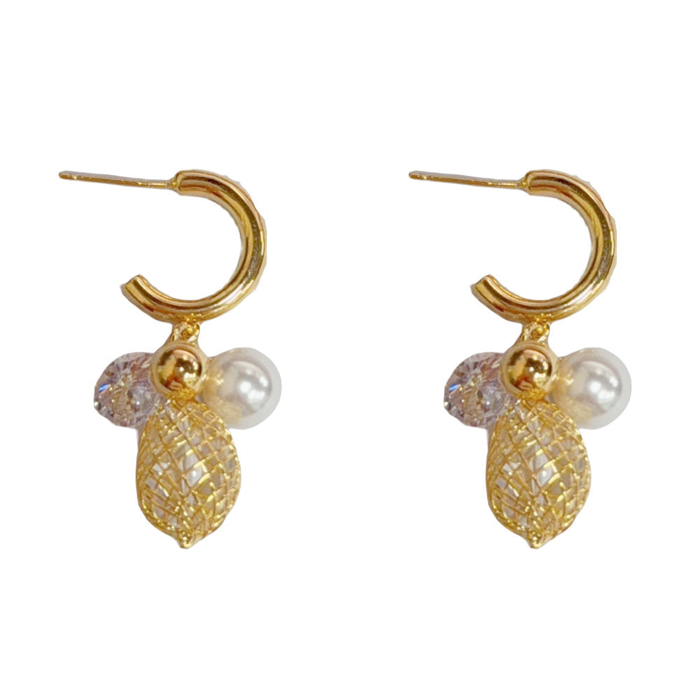 Eaioncol Grid Pearl CZ C Hoop Drop Earrings Gold Silver