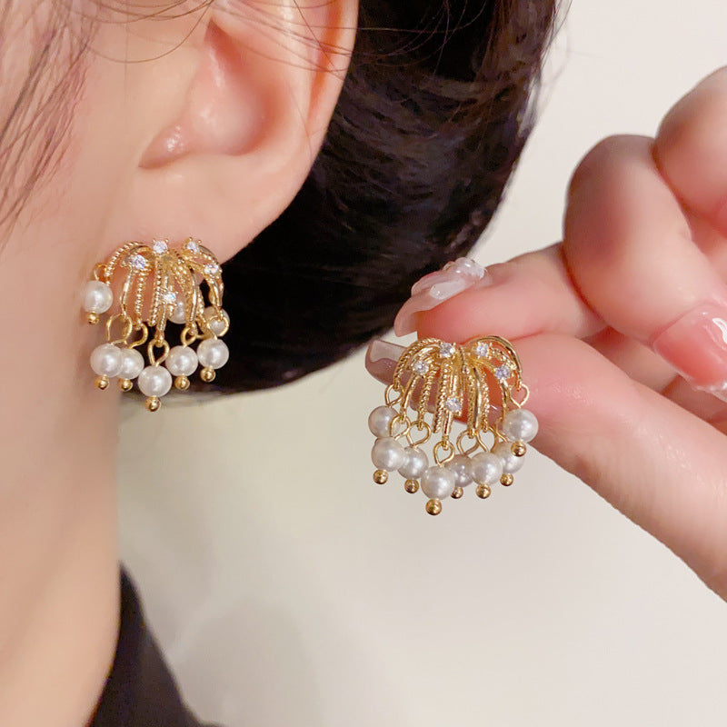 Elegant Firework Pearl Tassel Drop Earrings – Floral Design