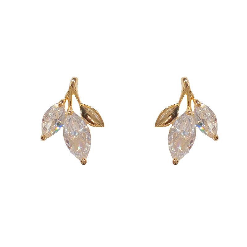 14K Gold-Plated Full Rhinestone Leaf Stud Earrings - Elegant & Chic