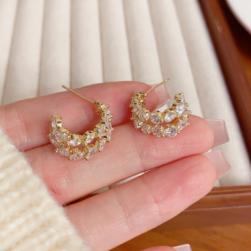Elegant Full-Zircon Double-Row C-Hoop Earrings – Geometric Design