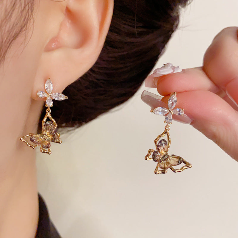 14K Gold-Plated Diamond Butterfly Drop Earrings-Chic Minimalist Design