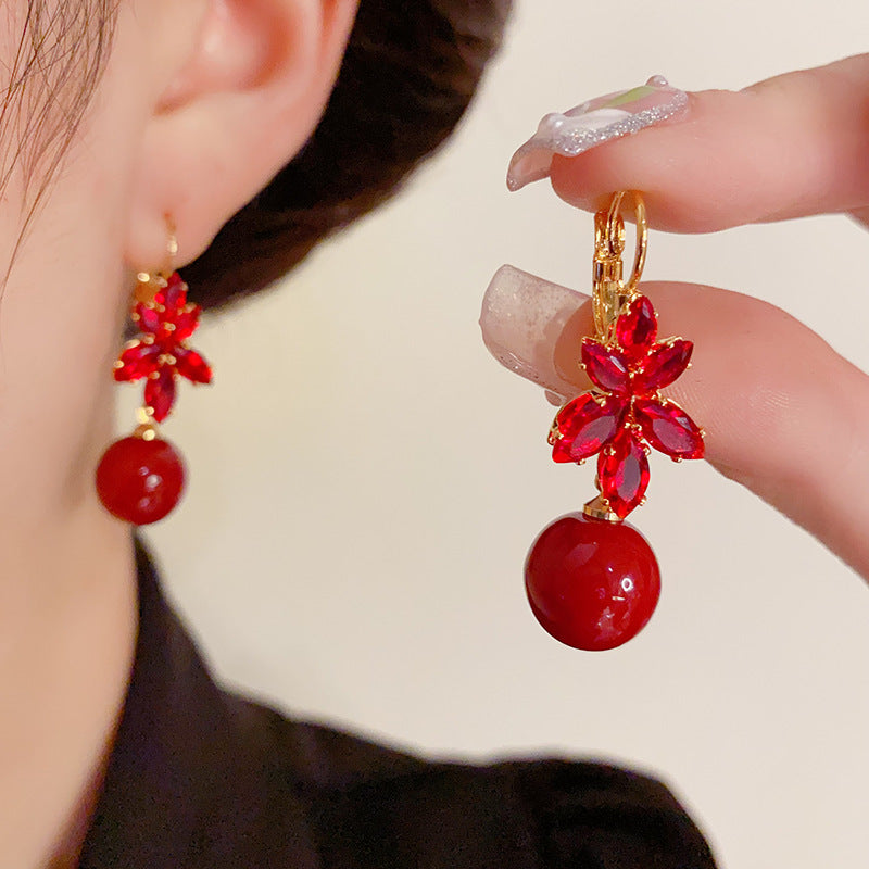 14K Gold-Plated Red Zircon Maple Leaf Pearl Earrings - New Year Design