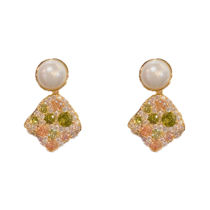 Elegant Full-Zircon Irregular Pearl Drop Earrings – Minimalist Design