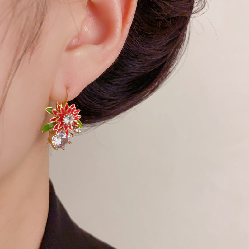 Elegant Red Daisy Zircon Ear Cuff Earrings – Floral Design