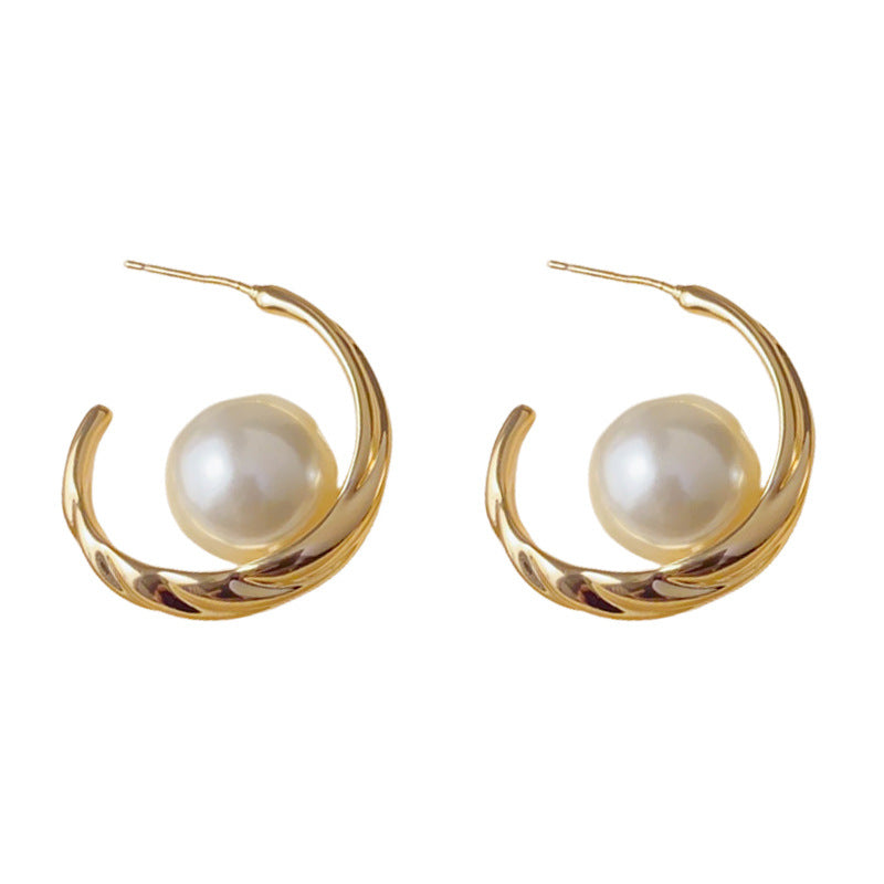 Elegant Textured Metal Pearl Hoop Earrings – Bold Retro Design