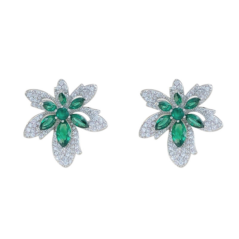 Luxury Micro-Inlaid Zircon Maple Leaf Stud Earrings – Floral Design