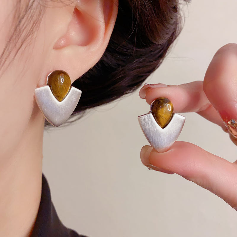 Elegant Tiger's Eye Silver Geometric Stud Earrings – Minimalist Design