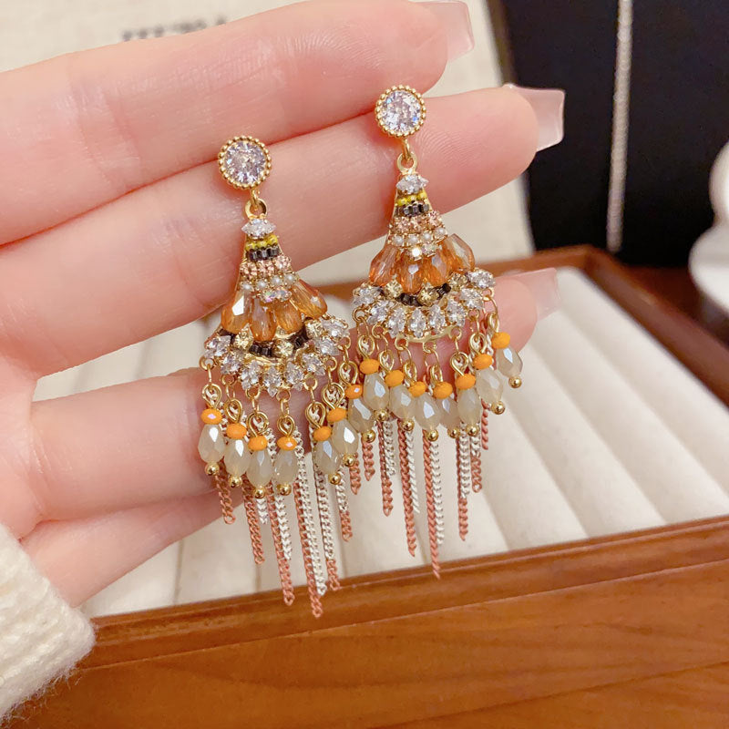 Elegant Beaded Geometric Tassel Drop Earrings – French Retro Design